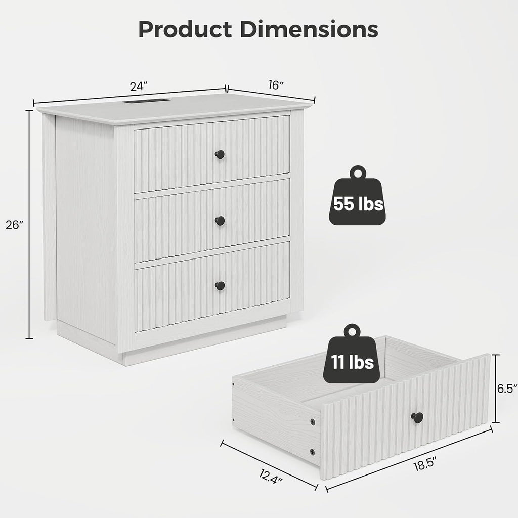 24" Wide Nightstand with Charging Station, Modern Fluted Bedroom Nightstand with Drawers, Wood Night Stand with Storage and Outlet, Large Bedside Table for Bedroom, White