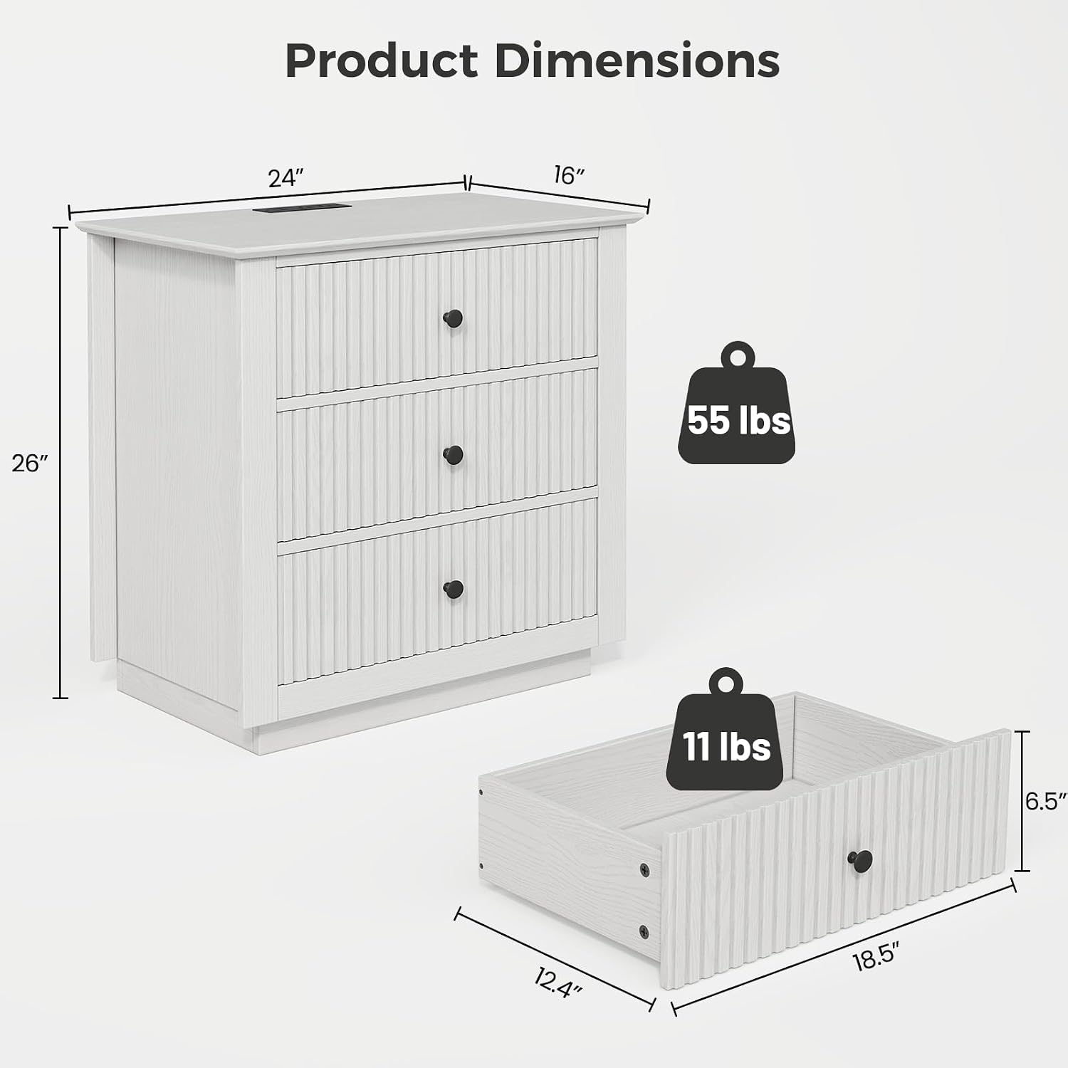24" Wide Nightstand with Charging Station, Modern Fluted Bedroom Nightstand with Drawers, Wood Night Stand with Storage and Outlet, Large Bedside Table for Bedroom, White