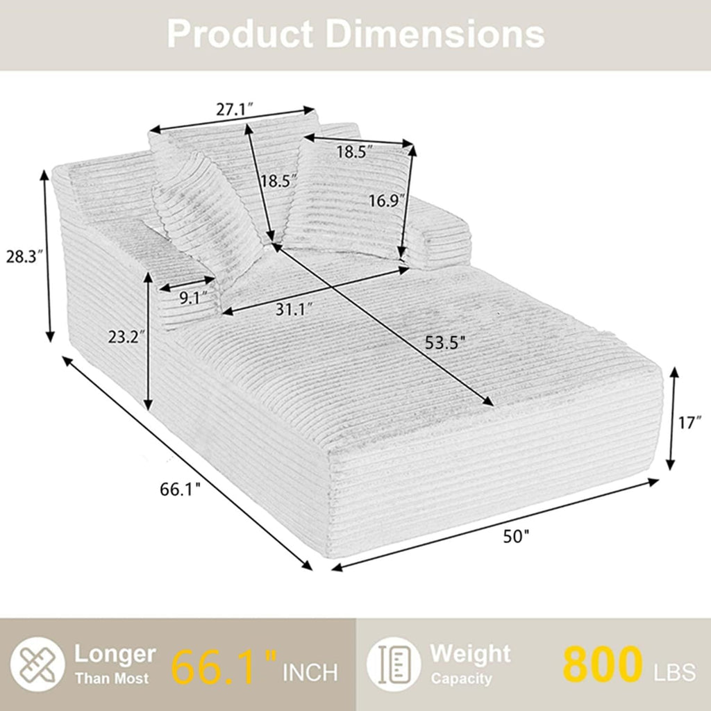 Oreada Oversized Floor Chaise Lounge Chair Indoor, 66" Corduroy Oversized Comfy Reading Sleeper Chair Sofa Chaise Couch Bed with 3 Fluffy Pillows, No Assembly Required, Blue