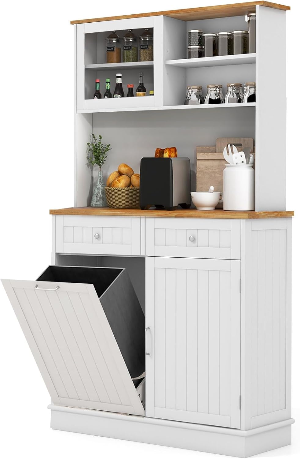 68" Tall Kitchen Pantry Cabinet, Freestanding Kitchen Hutch w/Tilt Out Trash Can Cabinet, Microwave Countertop, Sliding Glass Door, Wooden Dining Room Cupboard