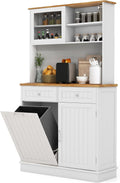 68" Tall Kitchen Pantry Cabinet, Freestanding Kitchen Hutch w/Tilt Out Trash Can Cabinet, Microwave Countertop, Sliding Glass Door, Wooden Dining Room Cupboard