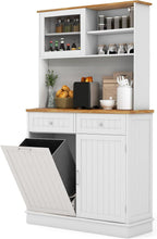 68" Tall Kitchen Pantry Cabinet, Freestanding Kitchen Hutch w/Tilt Out Trash Can Cabinet, Microwave Countertop, Sliding Glass Door, Wooden Dining Room Cupboard