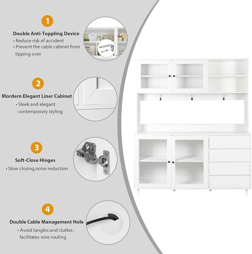 74" Tall Kitchen Pantry Storage Cabinet with Drawers, Microwave Shelf & Hutch, Modern Freestanding Kitchen Cabinets with Countertop & Hook Up, White Buffet Cabinet, (63" W x 15.7" D x 74.8" H)