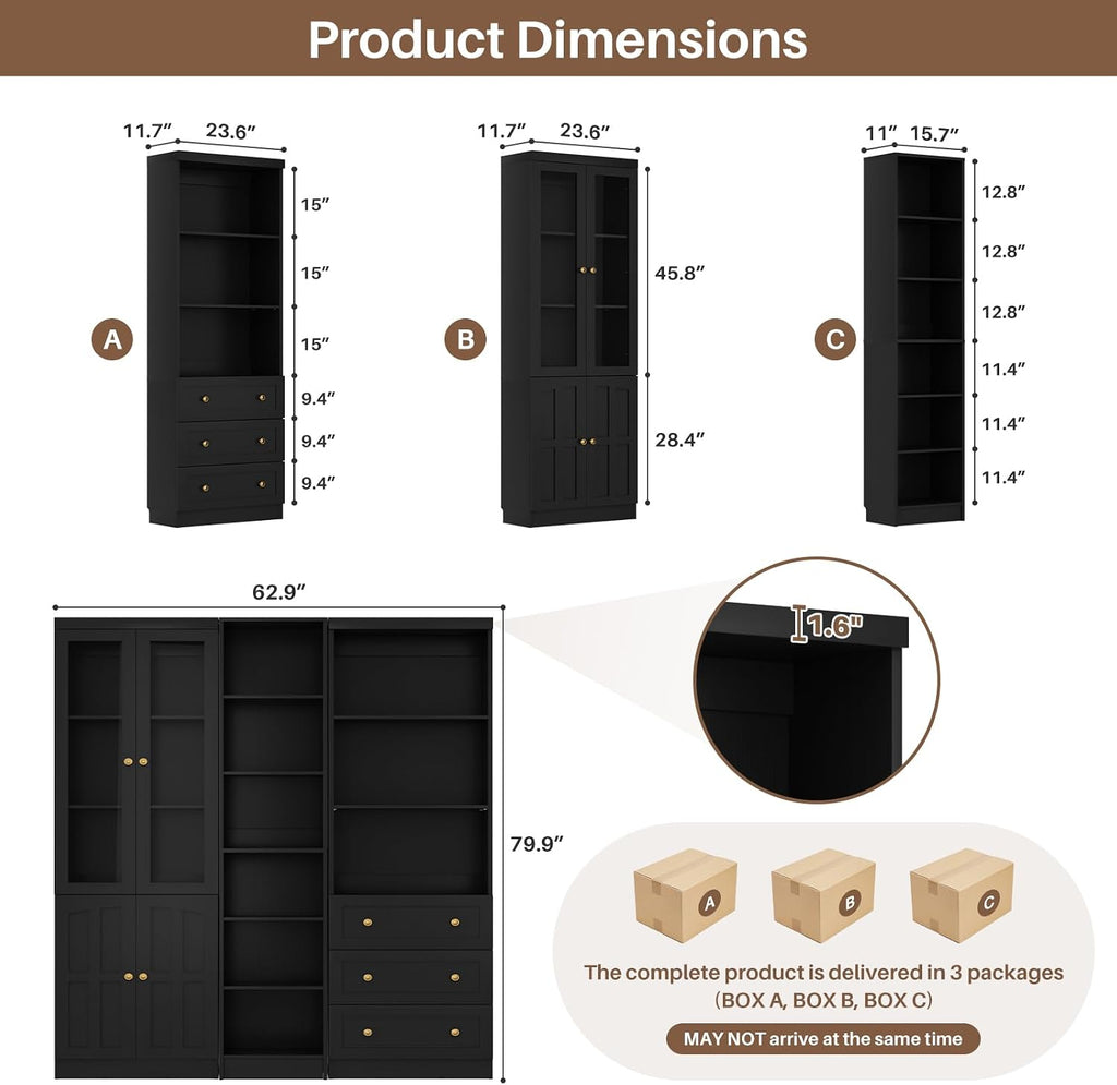Cyclysio 80" Tall Kitchen Pantry, Large Storage Cabinets with Glass Doors, Modular Wood Pantry Cabinet with 3 Drawers & Adjustable Shelves for Living Room & Dining Room, Set of 3 (Black)