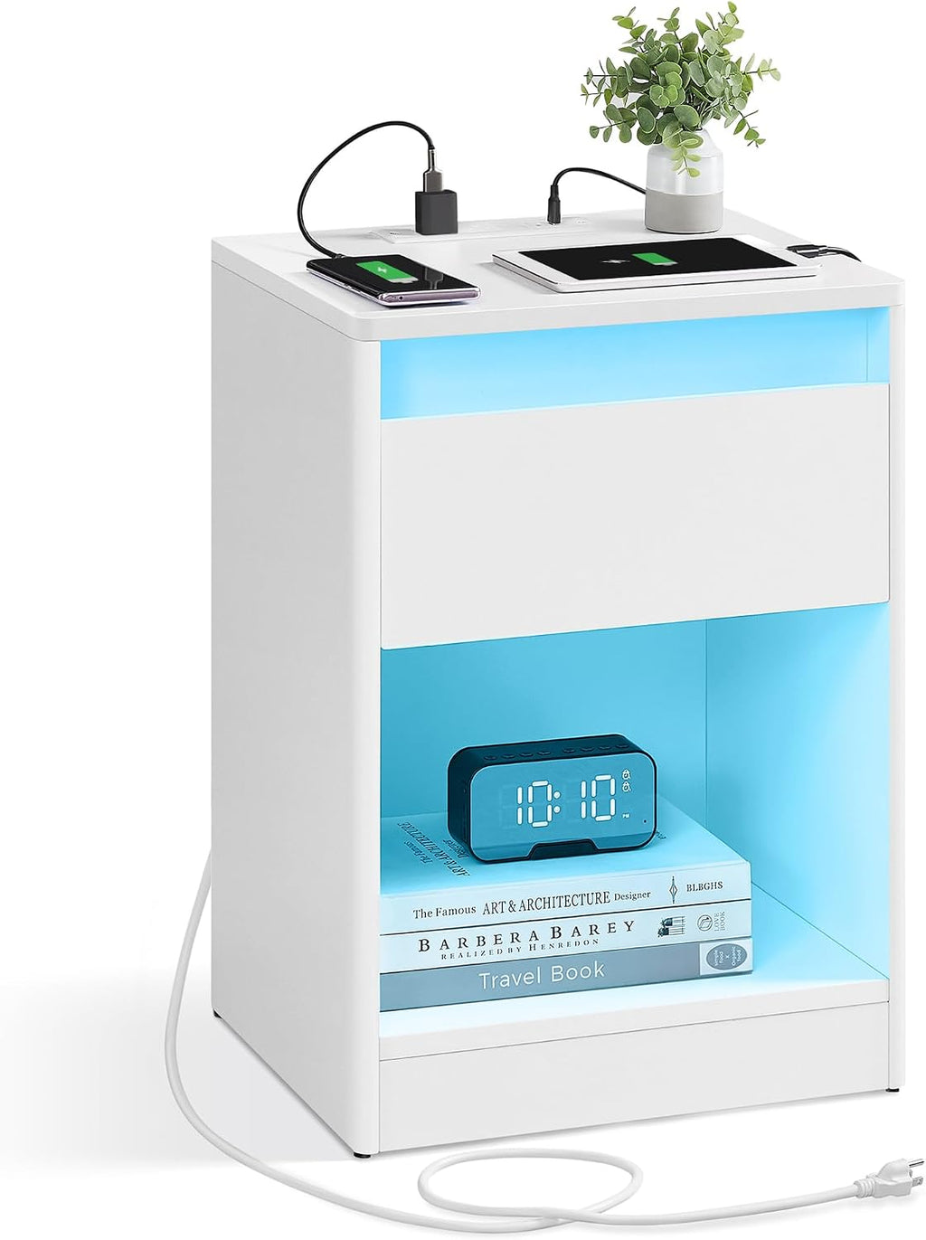 VASAGLE KAILYN Collection - LED Nightstand with Charging Station, 2 AC Outlets, 2 USB Ports, Bedside Table, Side Table with Drawer, Modern, 13.8 x 15.7 x 21.7 Inches, Cloud White ULET618T14V1