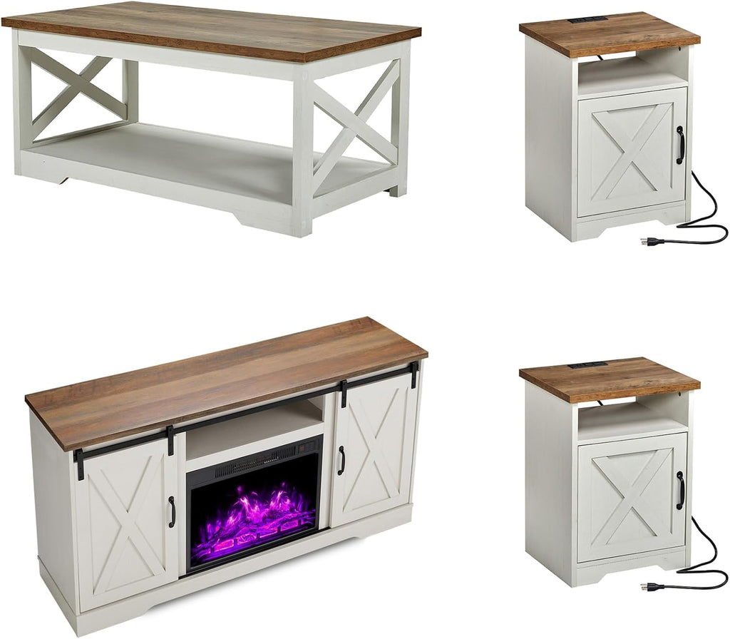 AMERLIFE 5-Piece Farmhouse Table Set Includes Fireplace TV Stand, Coffee Table& Two End Tables with Charging Station and USB Ports, for Living Room, Distressed White, 63"