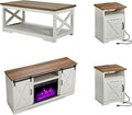 AMERLIFE 5-Piece Farmhouse Table Set Includes Fireplace TV Stand, Coffee Table& Two End Tables with Charging Station and USB Ports, for Living Room, Distressed White, 63"