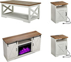 AMERLIFE 5-Piece Farmhouse Table Set Includes Fireplace TV Stand, Coffee Table& Two End Tables with Charging Station and USB Ports, for Living Room, Distressed White, 63"