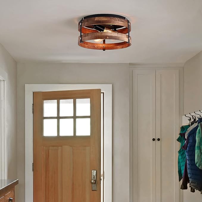 2-Light Rustic Flush Mount Light Fixture Oak Wood Round Drum Semi Flush Mount Ceiling Light for Hallway Bedroom Kitchen Entryway Farmhouse, Black