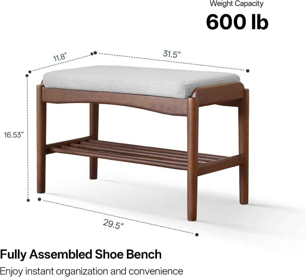 Black Walnut Shoe Bench Assembled, Solid Wood Shoe Rack Bench with Cushion for Entryway, Living Room, Bedroom, Hallway, 11.8" x 31.5" x 16.5"