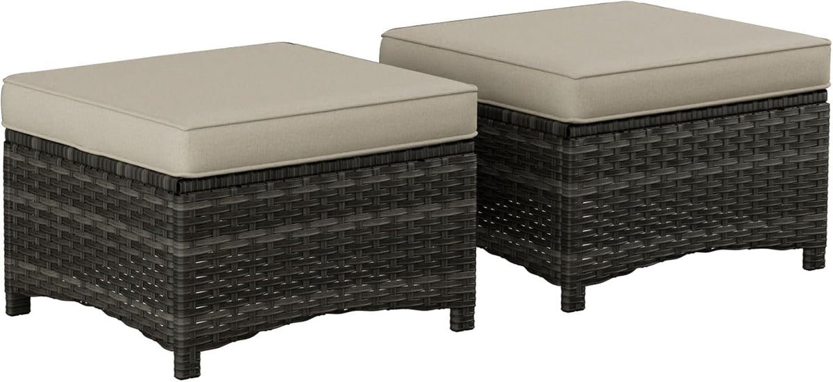 Outdoor Wicker Ottoman Set of 2, Patio Swivel Rattan Ottoman with Thick Cushions, Ideal for Backyard, Garden, Poolside, Beige