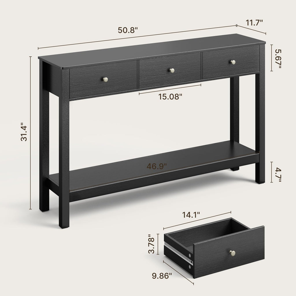 Gizoon 3 Drawer Wooden Sofa Table with Open Shelf | Modern Accent Console Table with Large Storage Space, for Living Room, Front Hall, Entrance Hall, Study Room, Black