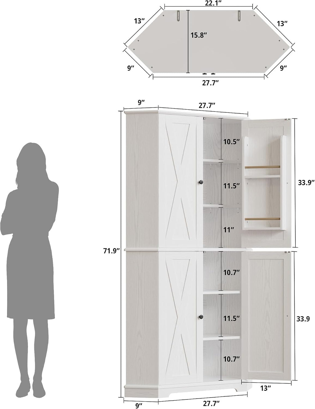 IRONCK Corner Cabinet, 72" Farmhouse Pantry Storage Cabinet, White | 6 Tiers Kitchen Pantry with 2 Adjustable Shelves, 240° Swivel Doors and Storage Rack for Kitchens, Dining rooms, Living rooms