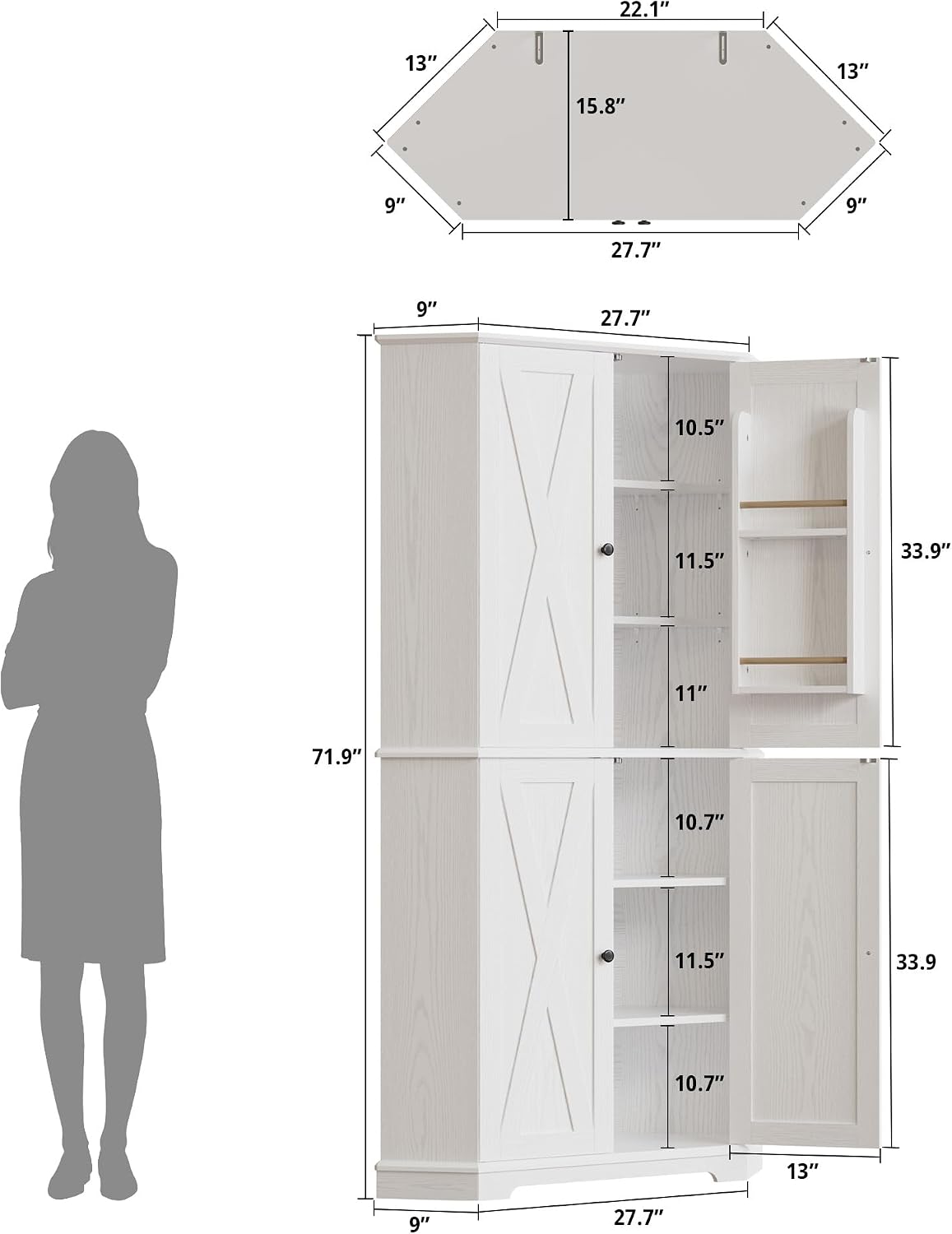 IRONCK Corner Cabinet, 72" Farmhouse Pantry Storage Cabinet, White | 6 Tiers Kitchen Pantry with 2 Adjustable Shelves, 240° Swivel Doors and Storage Rack for Kitchens, Dining rooms, Living rooms