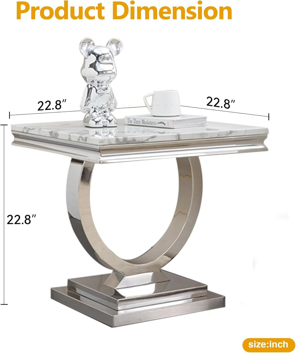 White Faux Marble End Table,Modern Sofa Side Tables with Silver Mirrored Stainless Steel Base and Faux Marble Tabletop for Home Office Living Room (White Silver End Table)