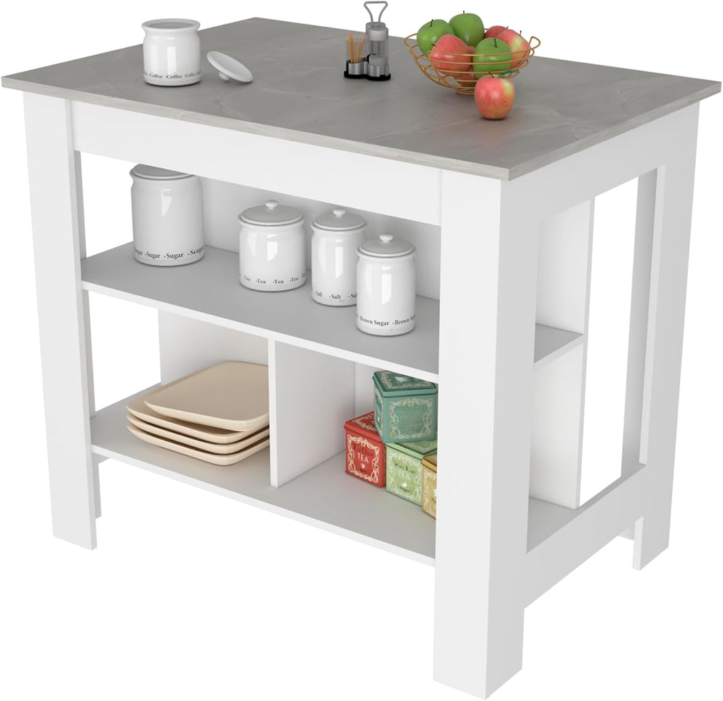 Kitchen Island with Three Shelves, White and Ibiza Marble Finish | Three storage shelves with varying dimensions for organized kitchen storage