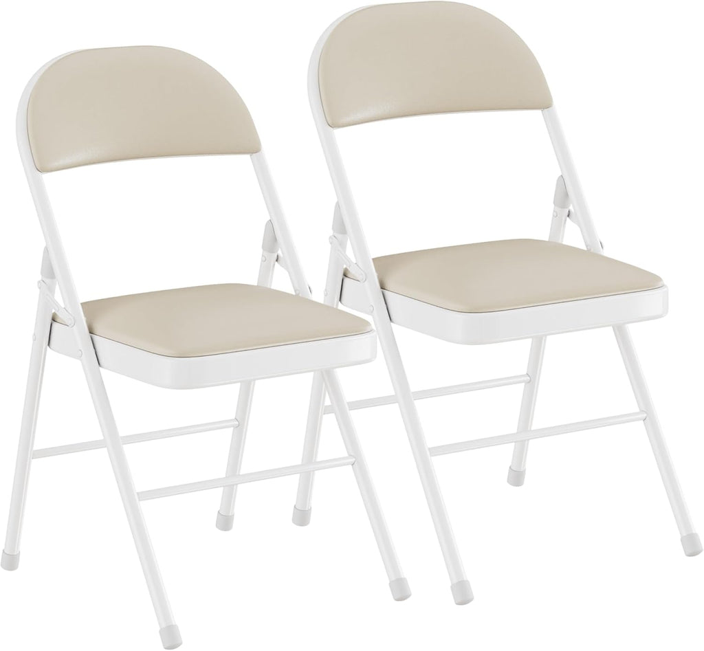 VECELO Folding Chairs Set of 2, Faux Leather Padded, Beige | Folding chairs with comfortable PU leather padded seat, Sturdy metal frame, Space saving design for office dining party