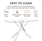 51" Rectangular Glass Dining Table Modern Kitchen Glass Top Table for 4 with Silver Metal Legs, Clear Dining Table Kitchen Table for Home Office Dining Room