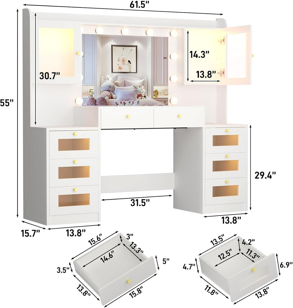 62 Inch Large Makeup Vanity Desk with Mirror and Lights 3 Color Lighting, Glass Top Vanity Table with Power Outlet and RGB Glass Cabinet, 8 Drawers Dressing Table for Bedroom and Dressing Room, White