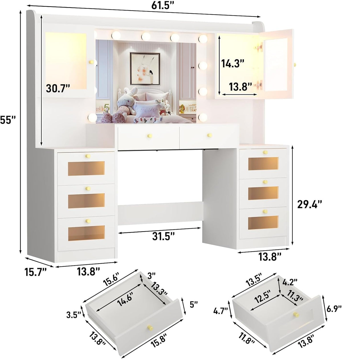 62 Inch Large Makeup Vanity Desk with Mirror and Lights 3 Color Lighting, Glass Top Vanity Table with Power Outlet and RGB Glass Cabinet, 8 Drawers Dressing Table for Bedroom and Dressing Room, White