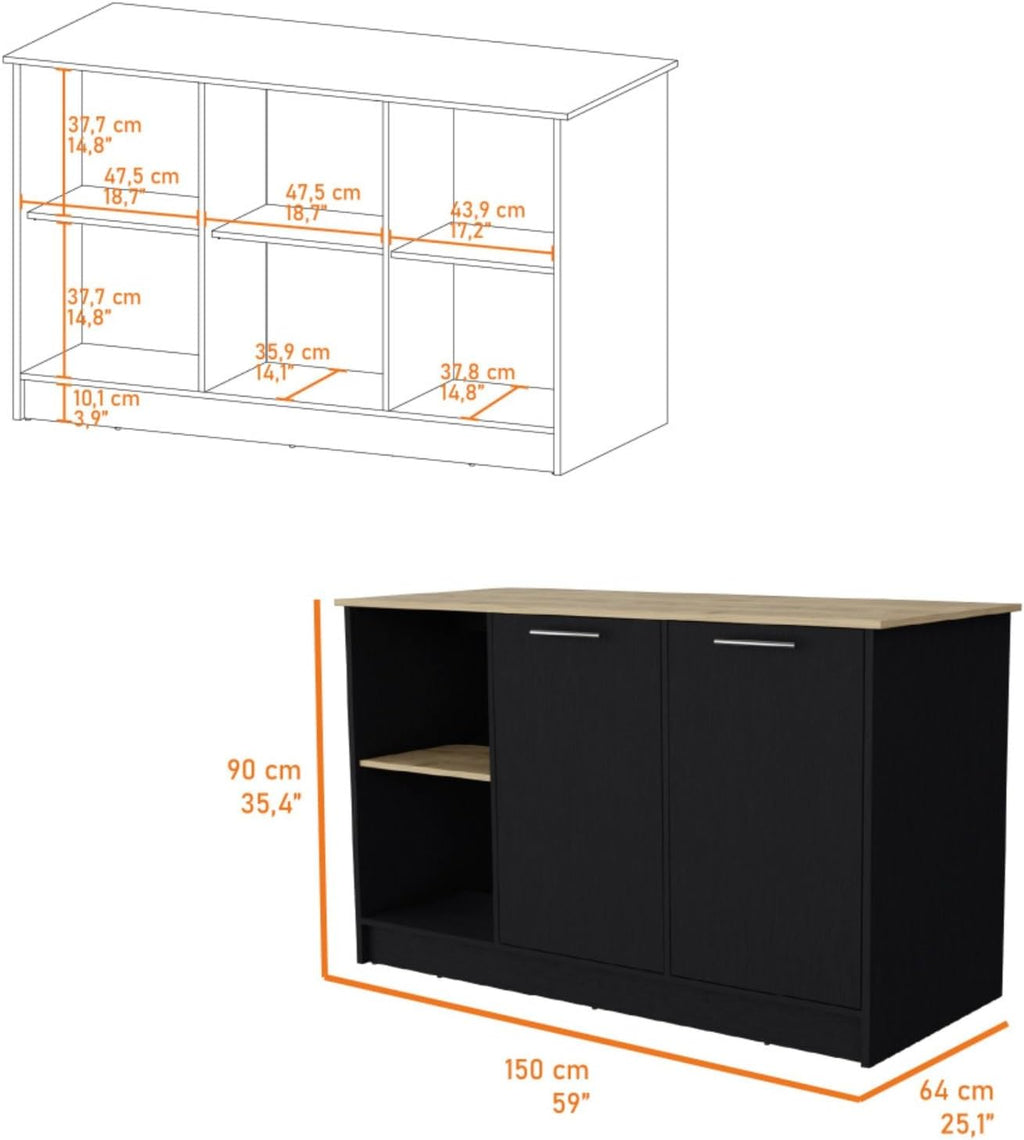 Hassyee Fashionable and Minimalist Style Fixed Kitchen Island, Equipped with Spacious Countertops, Two Open Storage Shelves, Double Door Design, Suitable for Kitchen Use (Black+Natural)