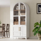 71 Inch Farmhouse Kitchen Pantry Storage Cabinet with Doors, Open Shelf, Hidden Drawer, Adjustable Shelves, Glass Door, Cupboard for Dining Room (Retro White Arched Pantry Cabinet+ MDF)