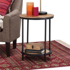 Industrial Round Side Table, 18" W x 24" H, Mango Hardwood and Metal Frame, Natural Finish, Open Bottom Shelf, Multipurpose Accent Table for Living Room, Bedroom, or Office