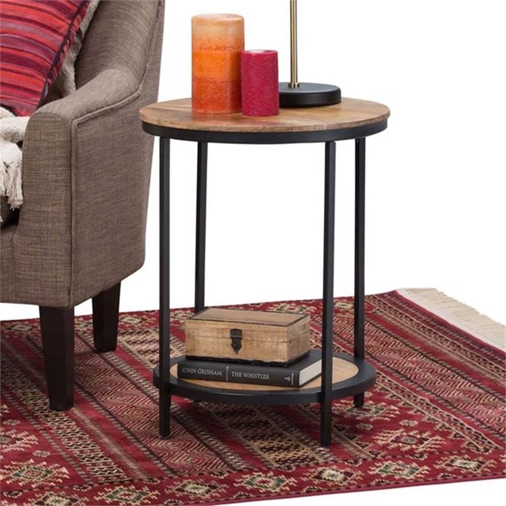 Industrial Round Side Table, 18" W x 24" H, Mango Hardwood and Metal Frame, Natural Finish, Open Bottom Shelf, Multipurpose Accent Table for Living Room, Bedroom, or Office