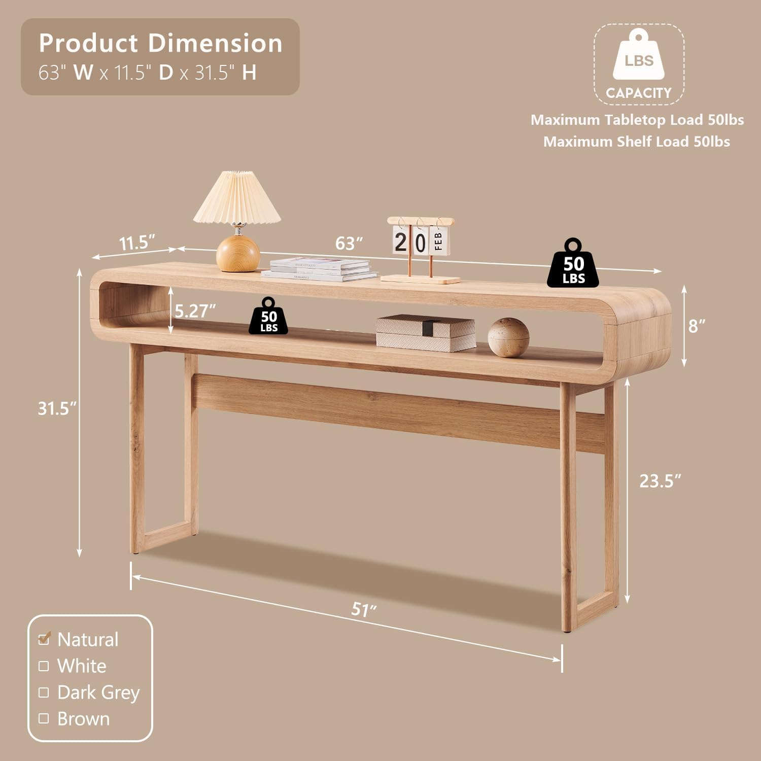 IFGET 63-Inch Long Console Table, 31.5" Tall Modern Entryway Table with Open Storage Shelf, Curved Profile Design, Narrow Wood Sofa Table Behind Couch Table for Living Room, Hallway,Foyer, Natural Oak