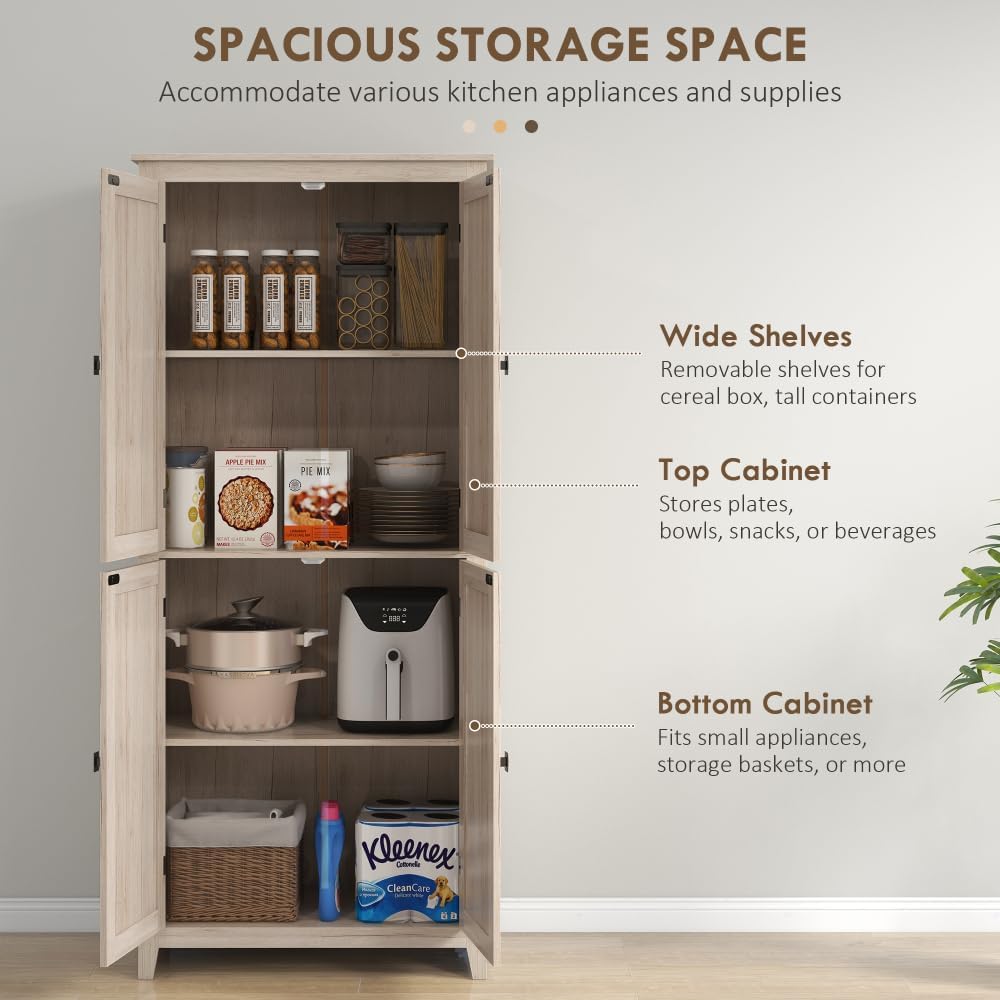 72" Freestanding 4-Door Kitchen Pantry, Storage Cabinet Organizer with 4-Tiers, and Adjustable Shelves, Natural
