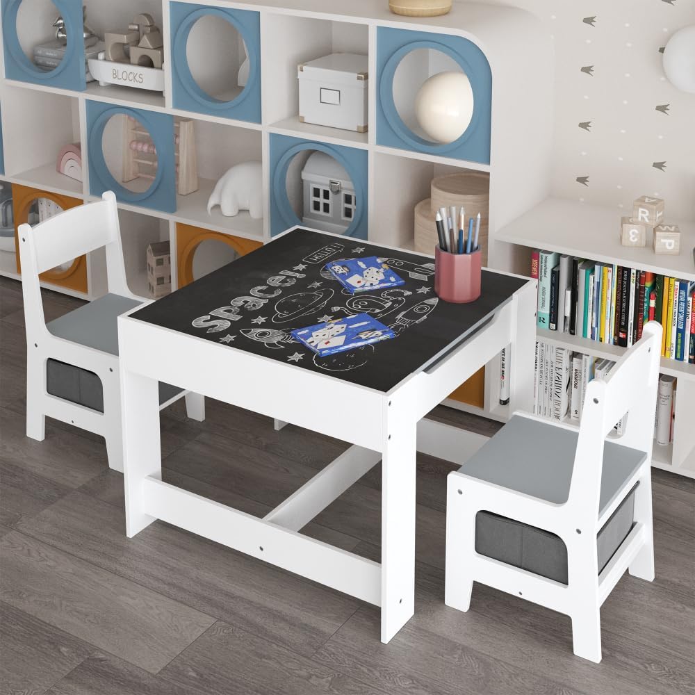 3 in 1 Wooden Activity Table with Storage Drawer for Toddlers Drawing, Reading, Crafts, 2 in 1 Detachable Tabletop Table Set for Nursery, Playroom