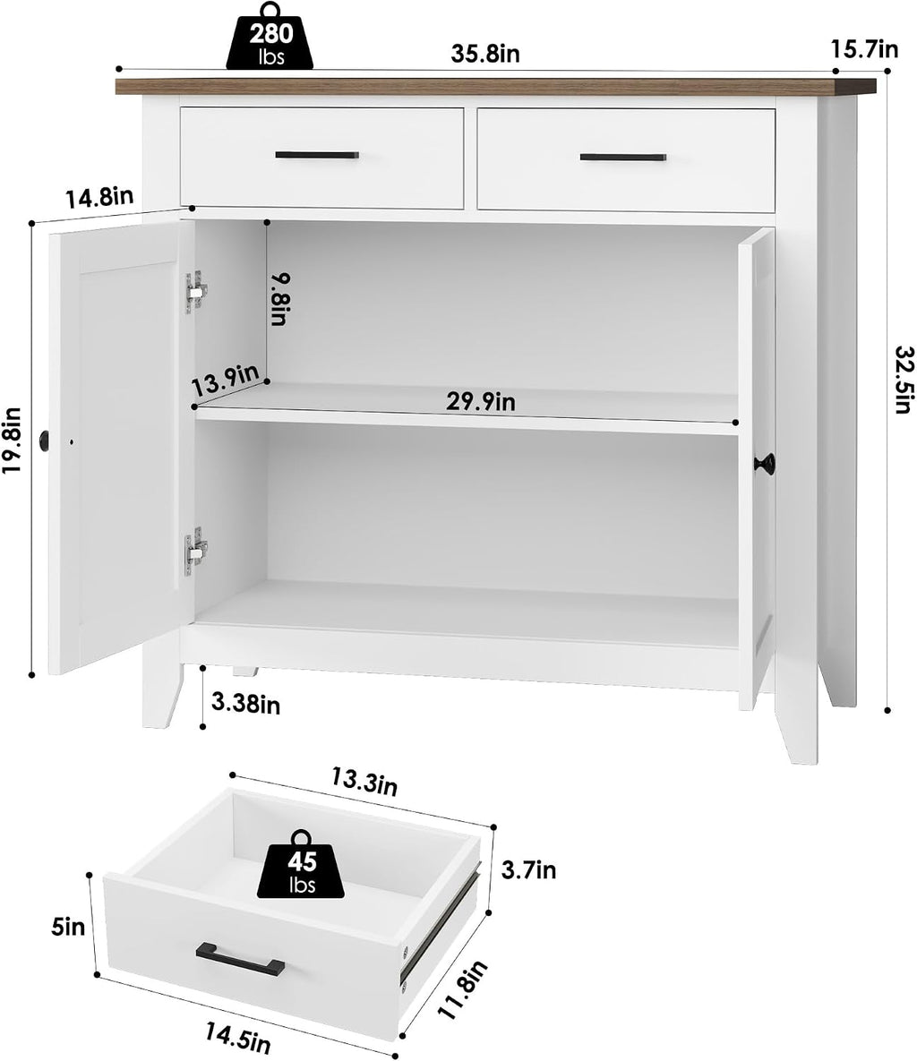 HORSTORS Farmhouse Kitchen Storage Cabinet, Small Buffet, Coffee Bar, White | Buffet Sideboard with 2 Drawers & 2 Doors, 35.8"W Coffee Table, Sapce-saving Kitchen Cabinet for Dining Living Room, Entryway
