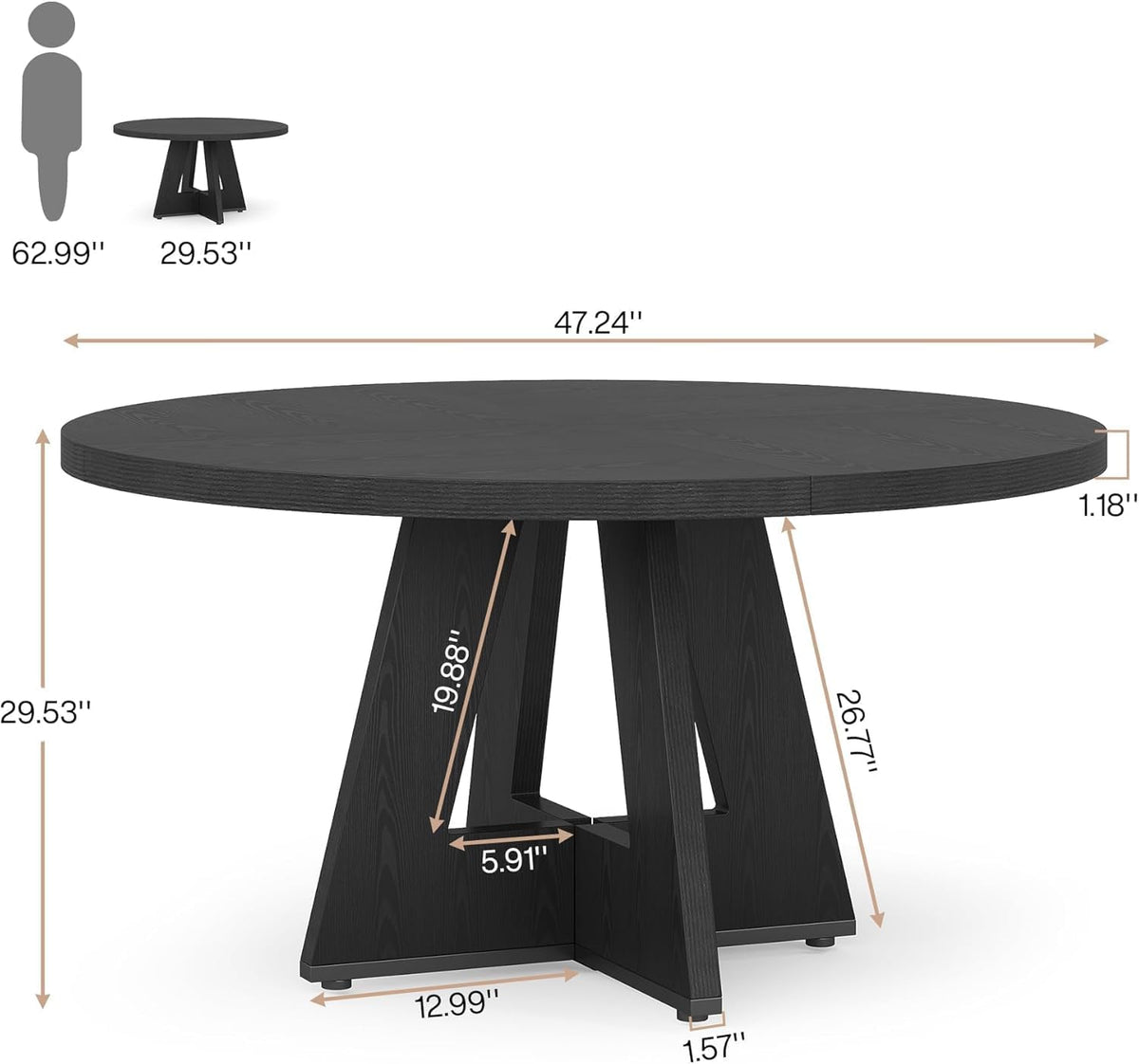 Lailang 47 Inch Dining Table, Small Dining Room Tables, Round Kitchen Tables, Wood Dinner Table, Dining Table for 4, Rustic Farmhouse Table, 47 x 26 x 30 Inch, Black