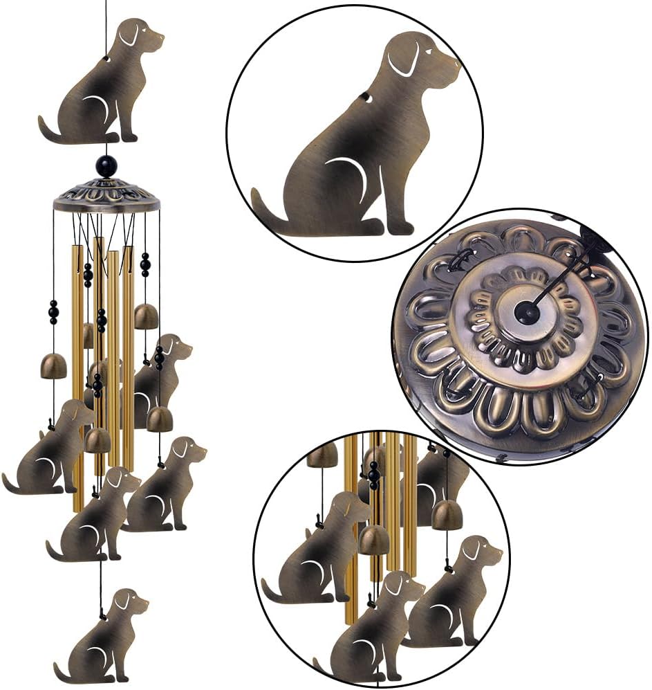 Garden Dog Wind Chimes Outdoor Indoor Decor - with 4 Tubes 7 Dogs Wind Chime, Mobile Romantic Dogs Wind Catcher, Bronze Dogs Wind Bells for Home, Mom Gifts, Balcony, Tree, Festival, Garden Decoration