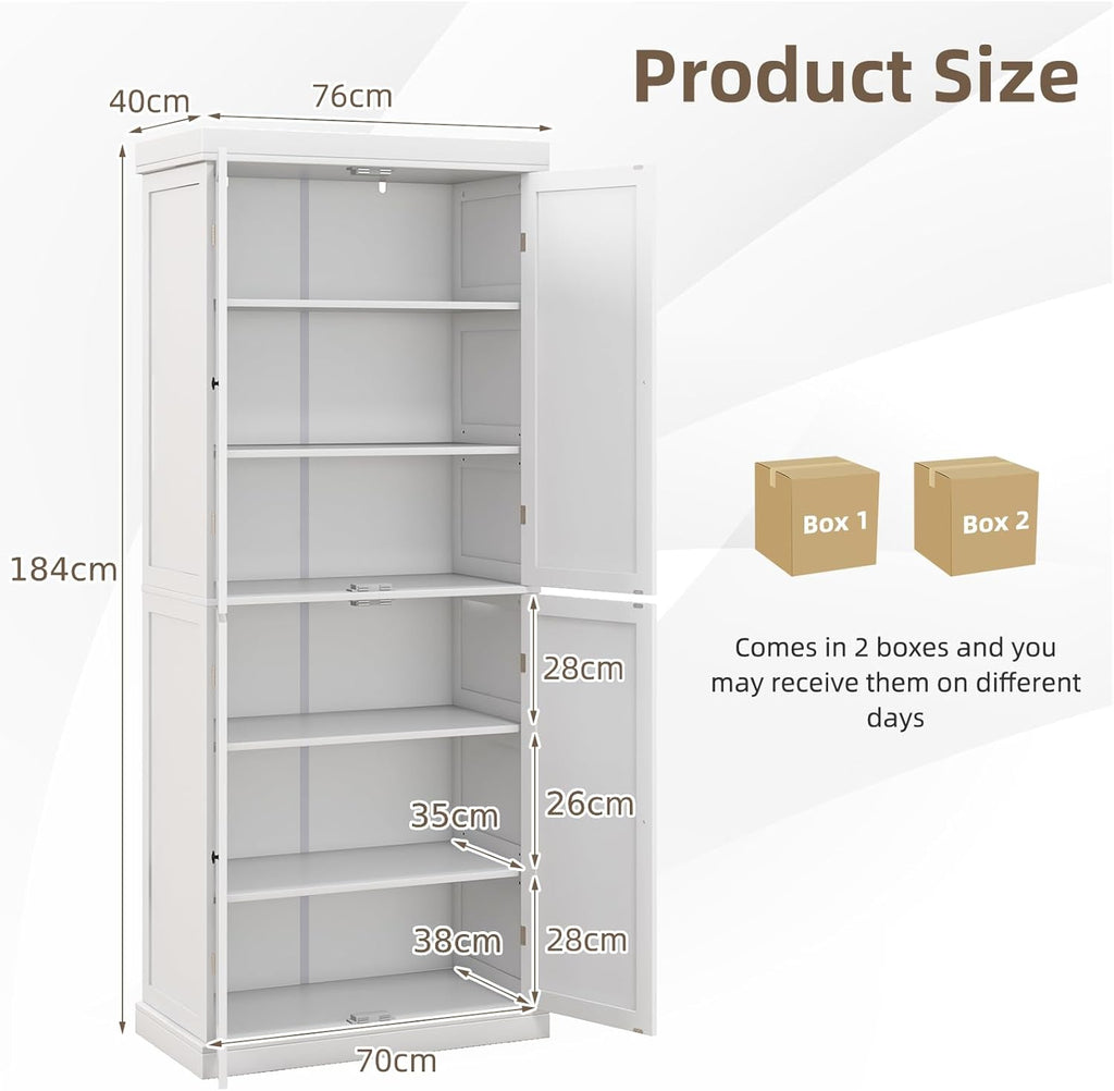 TANGZON 184CM Tall Kitchen Cupboard, 6-Tier Pantry Storage Cabinet with 4 Doors, 2 Adjustable Shelves & Anti-tipping Device, Freestanding Wooden Sideboard Unit for Dining Living Room (White)