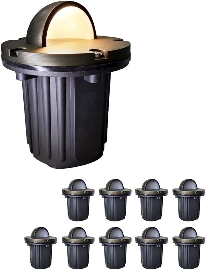 MALORY Brass Top Cover Landscape Well Lights,（6‘’H 12V Low Voltage Outdoor In Ground Lights,Landscape Lighting for Pathway, Driveway and Garden (Beacon Top, 10-Pack Without Bulb)