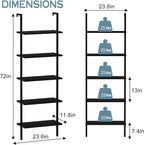 aboxoo Ladder Shelf Open 5-Tier Bookshelf Wall-Mounted Black Wood Bookcase Storage Rack Open Industrial Modern Plant Stand Utility Organizer Bookcase Metal Frame Furniture Office Bedroom