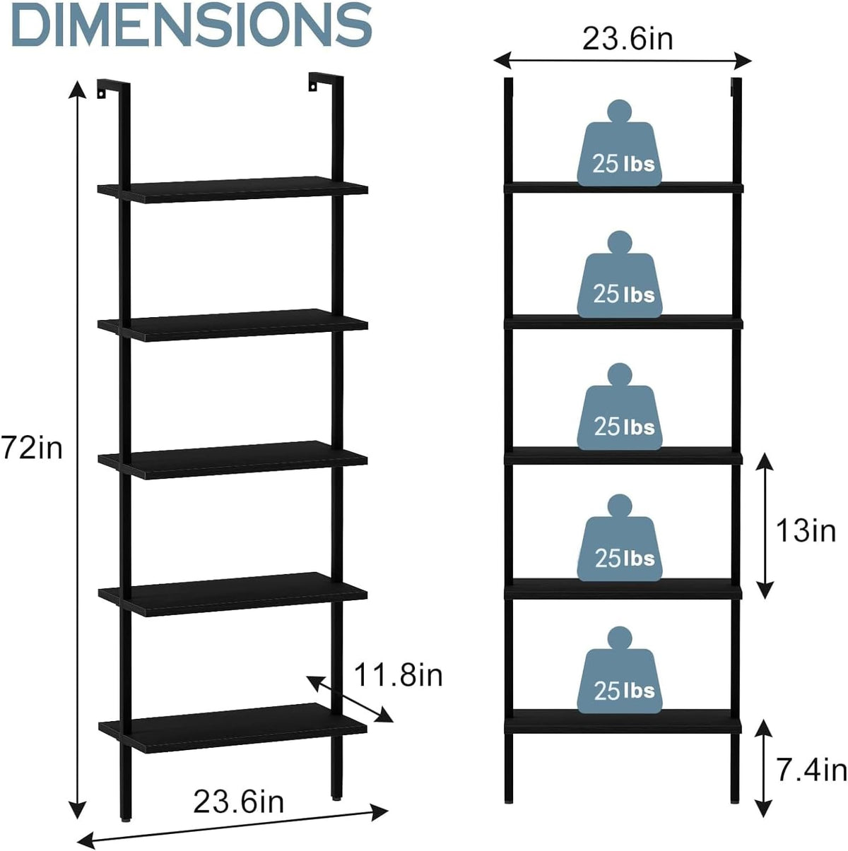 aboxoo Ladder Shelf Open 5-Tier Bookshelf Wall-Mounted Black Wood Bookcase Storage Rack Open Industrial Modern Plant Stand Utility Organizer Bookcase Metal Frame Furniture Office Bedroom