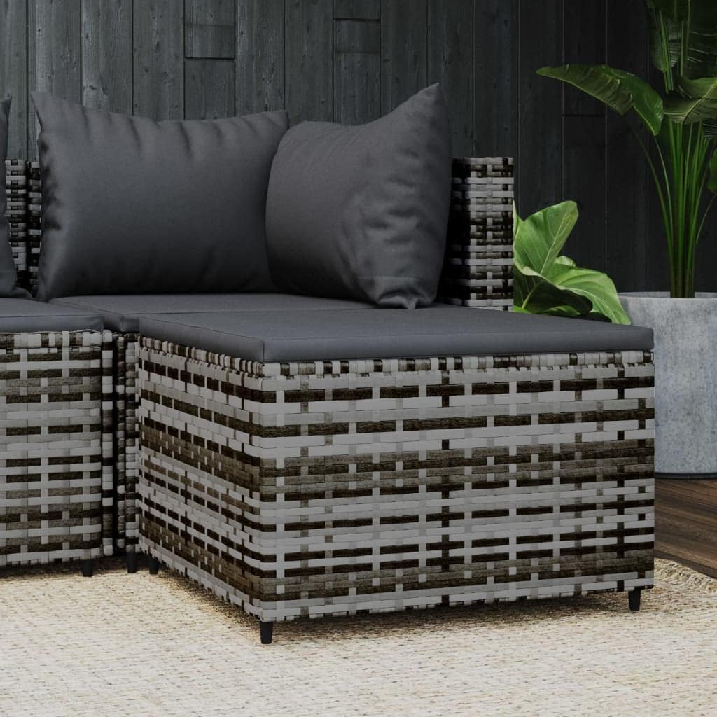 Patio Footrest with Cushion Gray Poly Rattan Weather Proof Outdoor Footstool for Garden Dining Relaxation