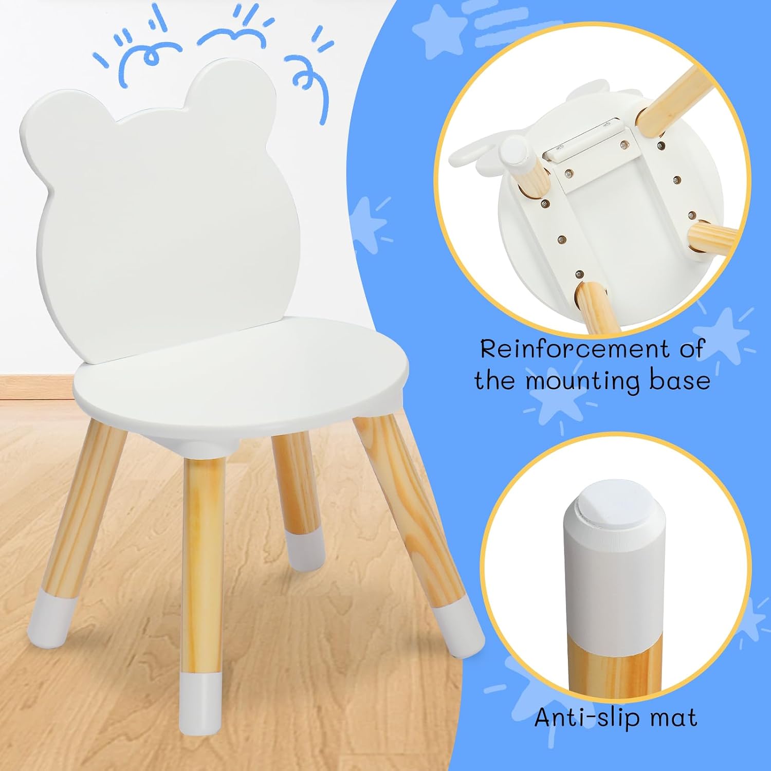 3 Pieces Multi-Activity Round Tables,Wood Table and Chairs Set,Study Dining Reading Table Set,Wooden Modern Activity Tables,with Bear & Bunny Seat Back,for Living Room, Bedroom, Playroom (White)