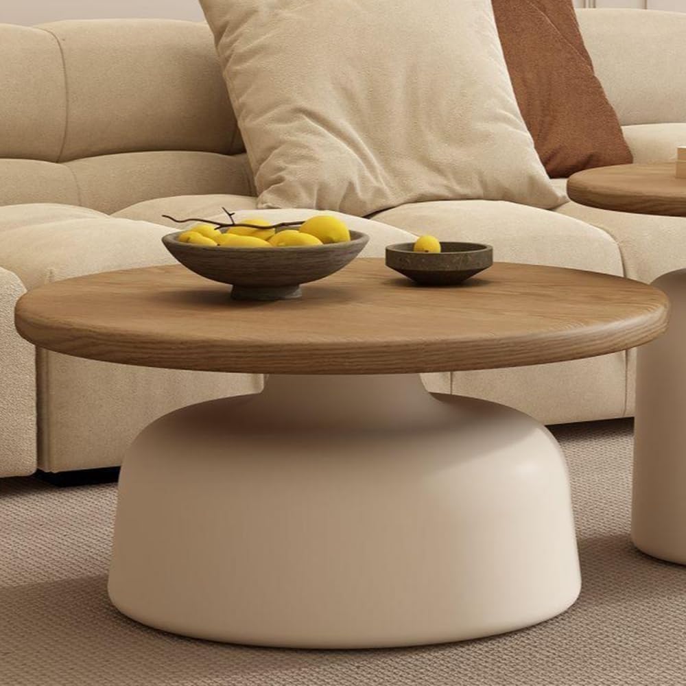 Modern Nesting Coffee Table Set Circular Wood Grain Top & Carbon Steel Base Side Tables for Living Room Coffee Shop Space Saver(White,L)