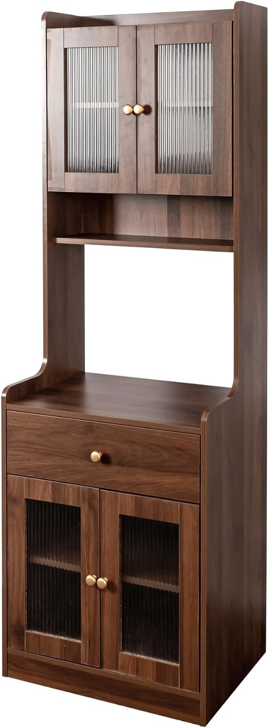 Dancongtea Kitchen Pantry Hutch Storage Cabinet Farmhouse Buffet Sideboard with Microwave Stand and Cable Management Walnut for Kitchen Dining Room Coffee Bar