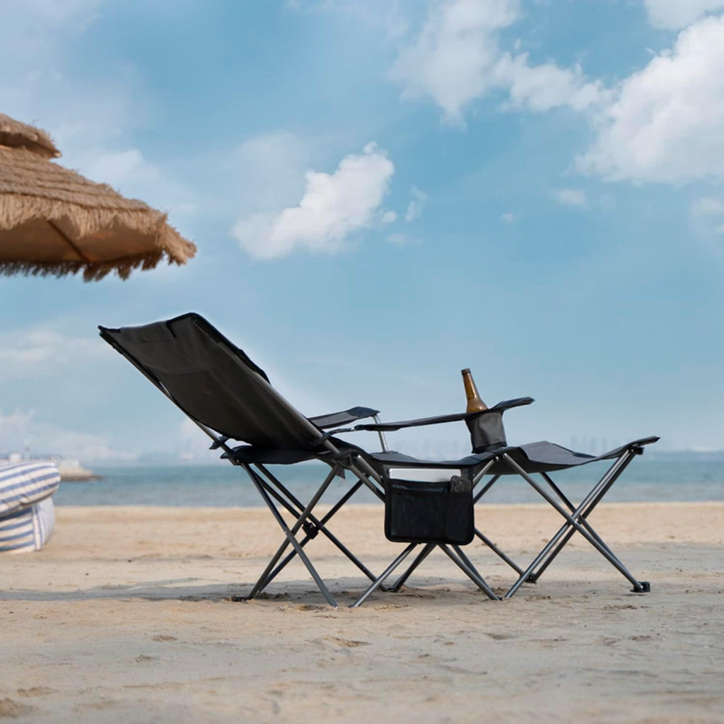 apollo walker Reclining Beach Chair, Adjustable 90-135° Backrest Camping Lounge Chairs for Adults, Folding Chair with Foot Rest & Detachable Pillow - Standard 6-Leg, Grey