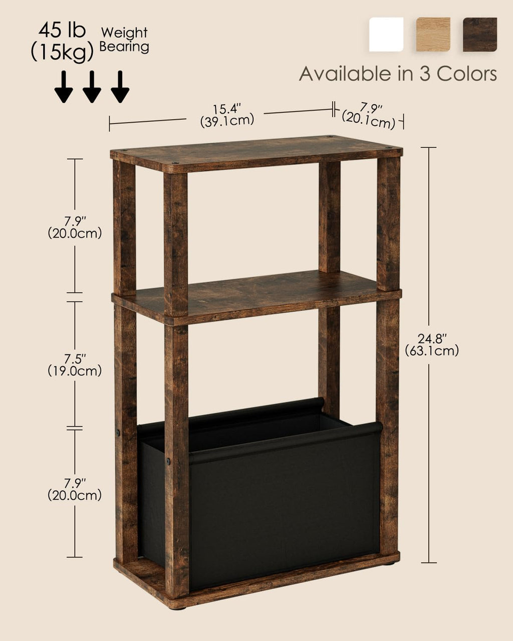 Narrow Side Table, 3-Tier Night Stand with Storage Bag, Skinny Nightstand for Small Spaces, Wooden Bedside Table for Living Room, Bedroom, Rustic Brown