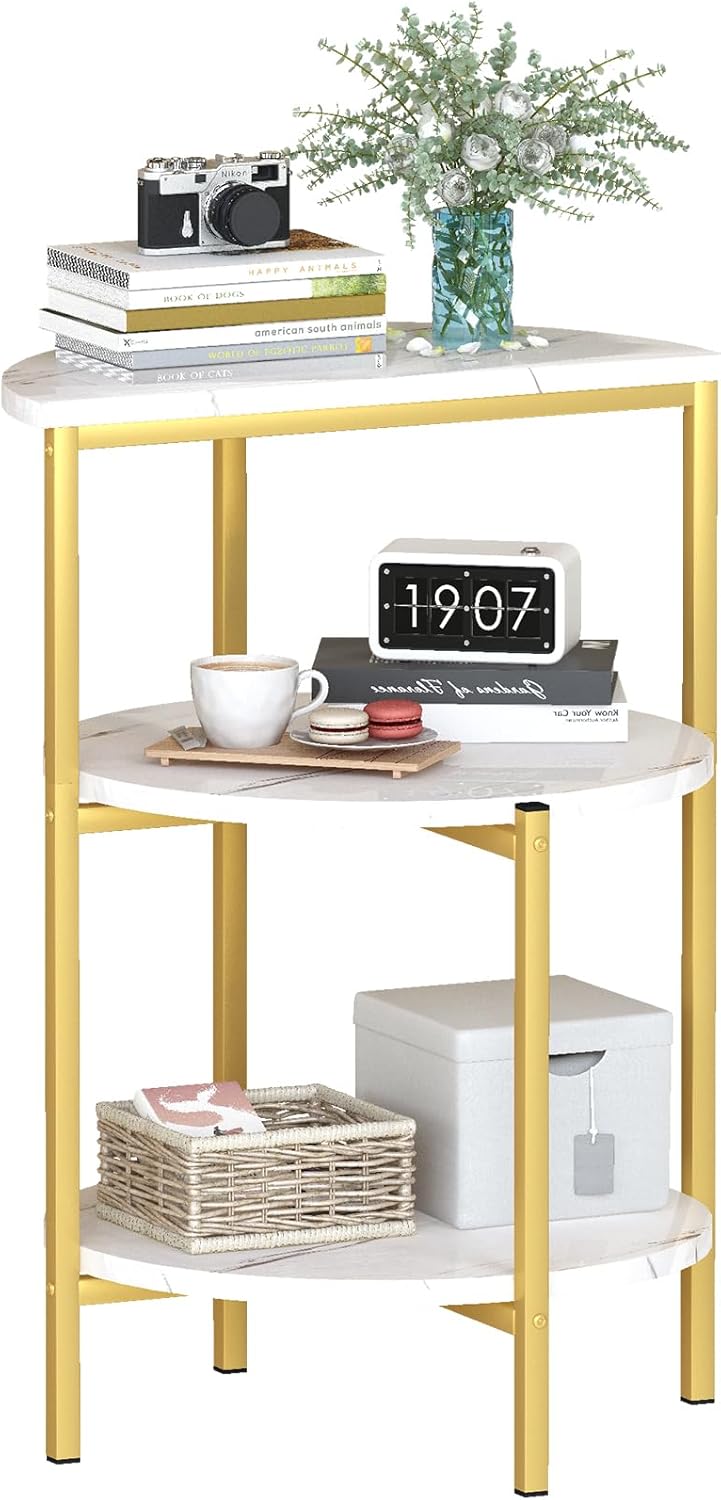 AWQM Marble Side End Table Set, 3-Tier Sofa Side Table, Small Round Coffee, Table Bedside Table of 2, Corner Table w/Metal Frame for Living Room Bedroom, White+Gold