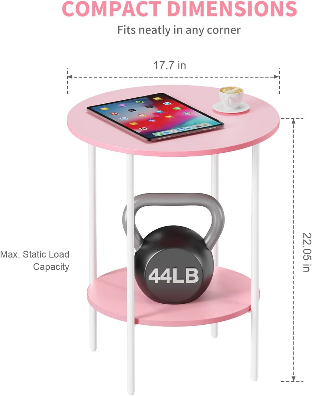 Side Table,Round End Table with 2 Storage Shelves| Compact Side Tables for Living Room, Couch, Gym, Office & Bedroom | Narrow Accent Table as Space-Saving Small Bedside Table 18x18x22in(Pink)