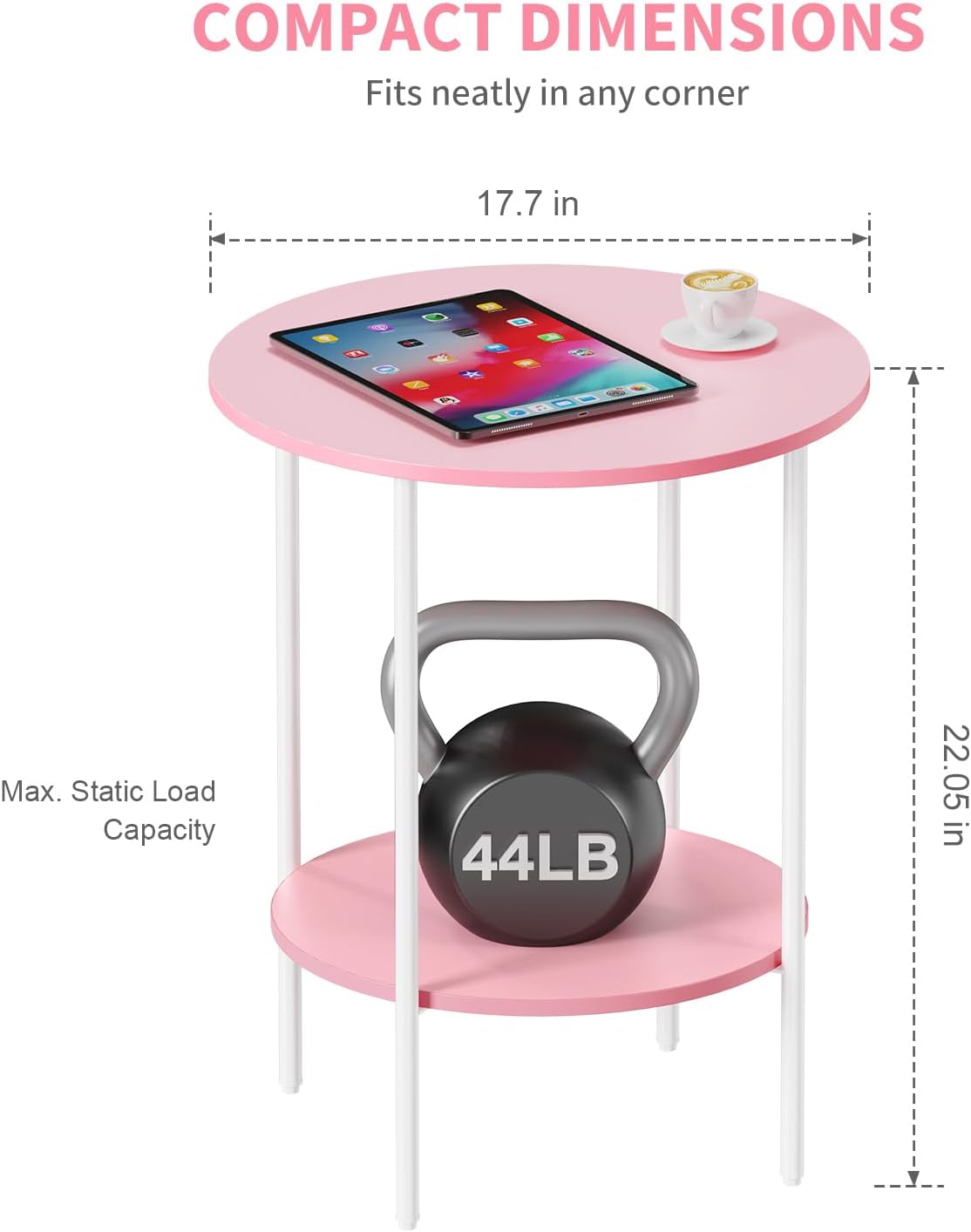 Side Table,Round End Table with 2 Storage Shelves| Compact Side Tables for Living Room, Couch, Gym, Office & Bedroom | Narrow Accent Table as Space-Saving Small Bedside Table 18x18x22in(Pink)