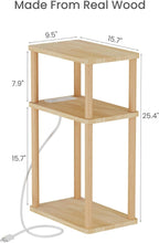 LUCKNOCK Solid Wood Side Table with Charging Station, 3-Tier Small End Table with USB Ports and Outlets, Narrow Couch Side Table, Skinny Nightstand Bedside Table for Small Spaces, Bedroom, Living Room