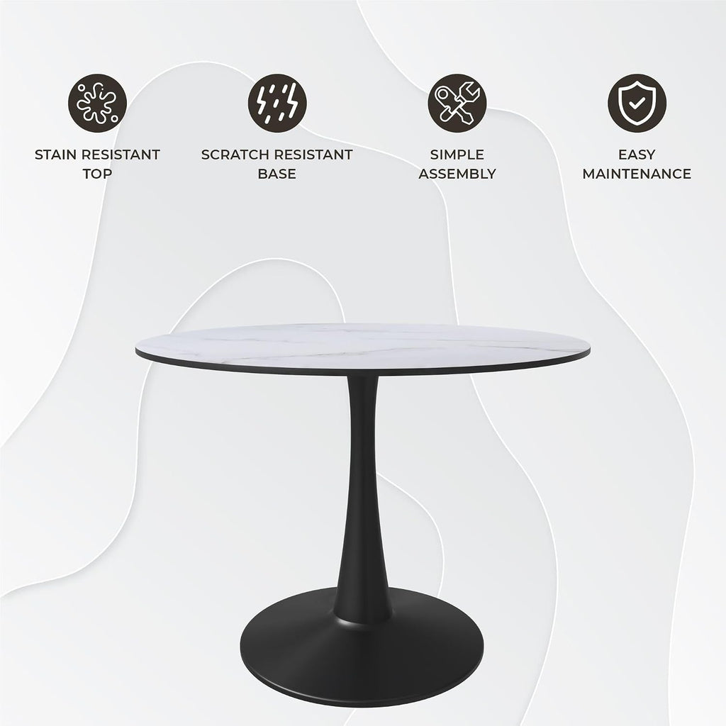 LeisureMod Bristol 40" Round Dining Table, Modern MDF Wood in Black Metal Pedestal Base Accent Table Mid-Century Café Table, Kitchen Dining Room Furniture, Marbled White