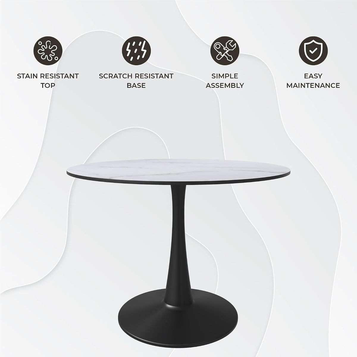 LeisureMod Bristol 40" Round Dining Table, Modern MDF Wood in Black Metal Pedestal Base Accent Table Mid-Century Café Table, Kitchen Dining Room Furniture, Marbled White